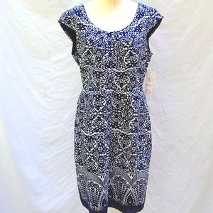 Ladies Adrianna Papell 100% cotton dress,navy & white,navy lined, cap sleeves,14